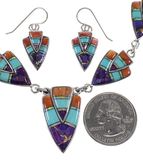 Southwest Multicolor Inlay Sterling Silver Link Necklace Set WX71716